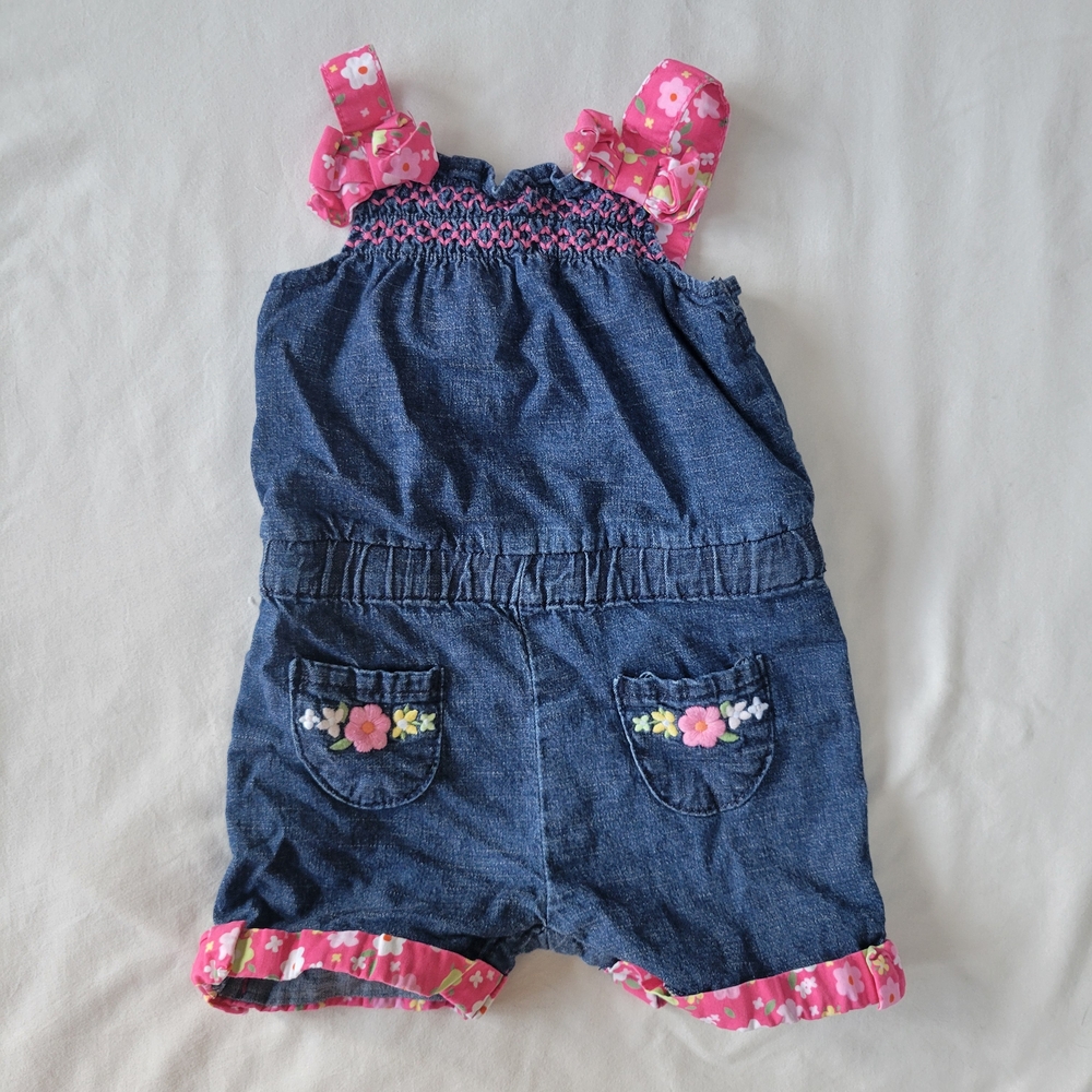 Gymboree Blue Denim Romper with Pink Floral Accents
